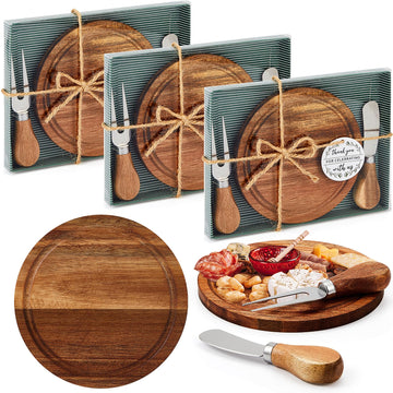 Maxcheck 3 Sets Baby Shower Bridal Game Prizes For Winners Round Cheese Board Set Wood Mini Charcuterie Board With Cutting Tool And Forks Thank You Card With Gift Box For Guests Wedding (Acacia)