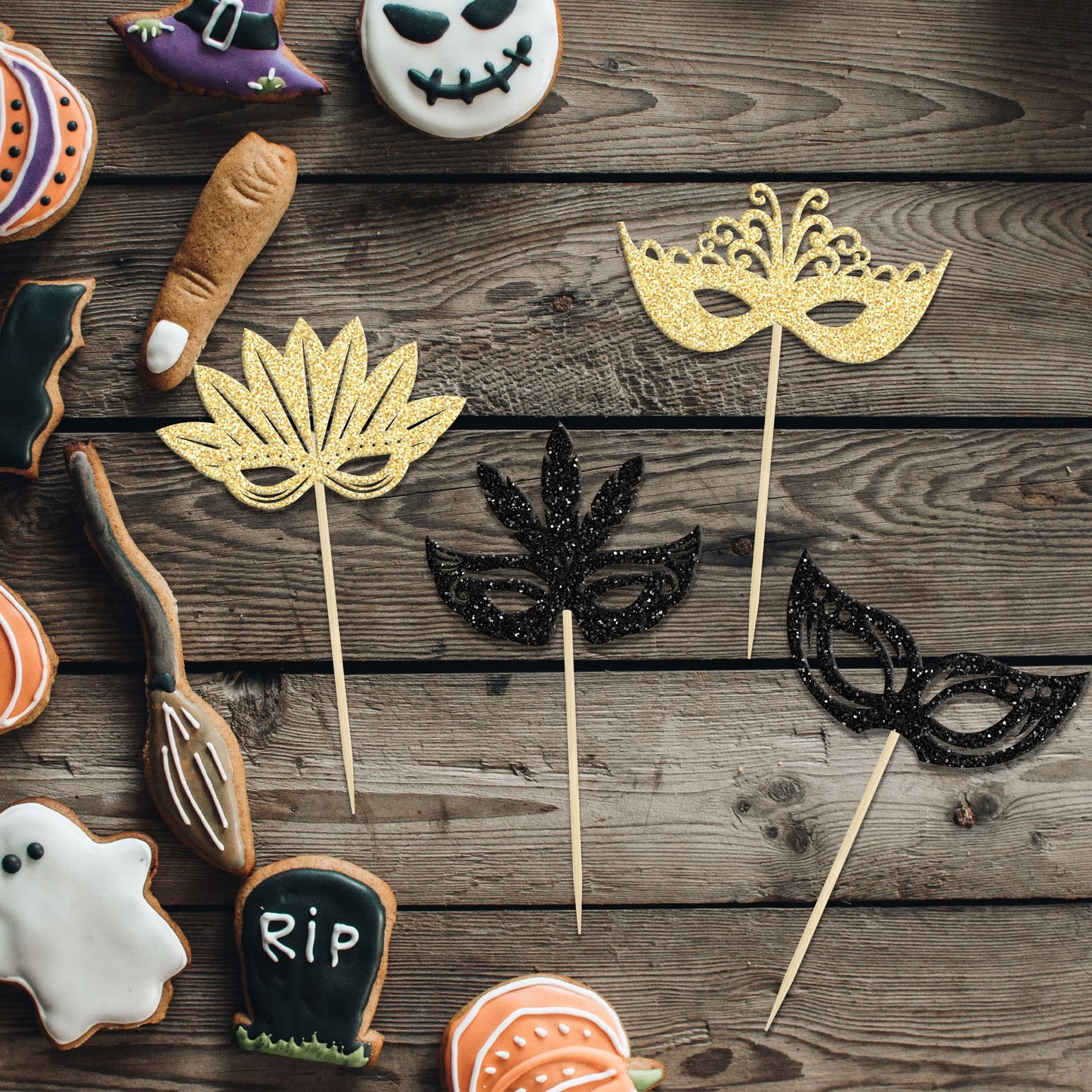 24Pcs Masquerade Masks Cupcake Toppers Black Gold Glitter Bachelorette Party Mask Cupcake Food Picks Masquerade Mardi Gras Party