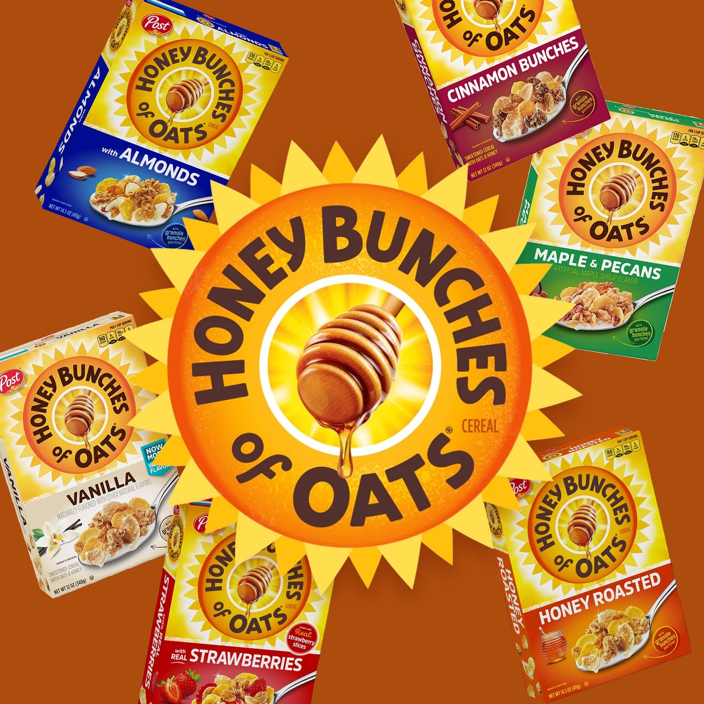 Honey Bunches of Oats with Almonds Breakfast Cereal, Honey Cereal with Granola Clusters and Sliced Almonds, Small Cereal Cup Siz