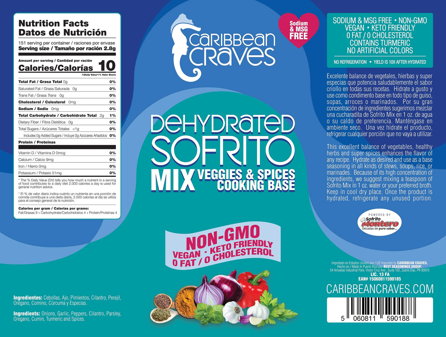 Caribbean Craves - Dehydrated Sofrito Mix | No-MSG, Vegan, Keto Friendly, Natural Ingredients (15oz x 1) 15oz