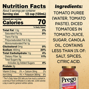 Prego Traditional Sensitive Recipe Low Fodmap Pasta Sauce, 23.75 Oz Jar
