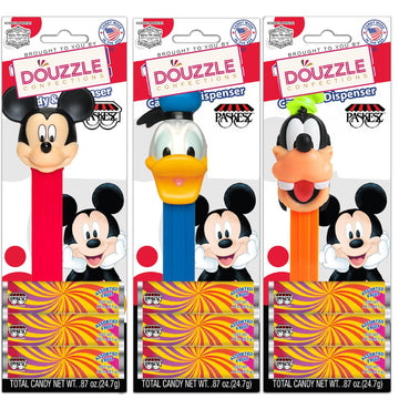 DOUzzle Kosher Pez Candy & Disney Mickey Mouse & Friends Dispenser + 9 Assorted Fruit Refills (Pack of 3) Gluten Free, Kosher Pa