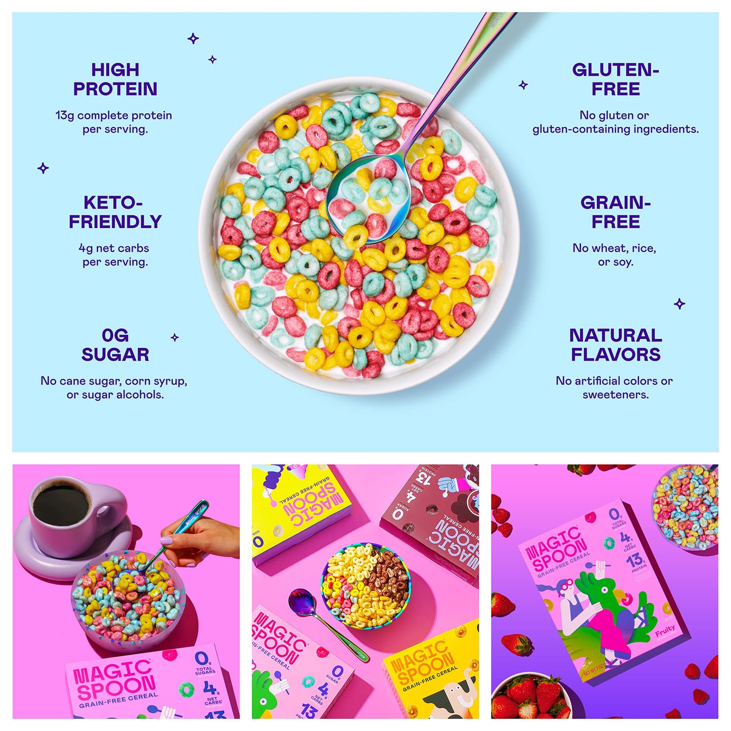 Magic Spoon Cereal - Fruity 4-Pack Of Cereal And Spoon - Keto & Low Carb Lifestyles, Gluten & Grain Free, High Protein, 0G Sugar