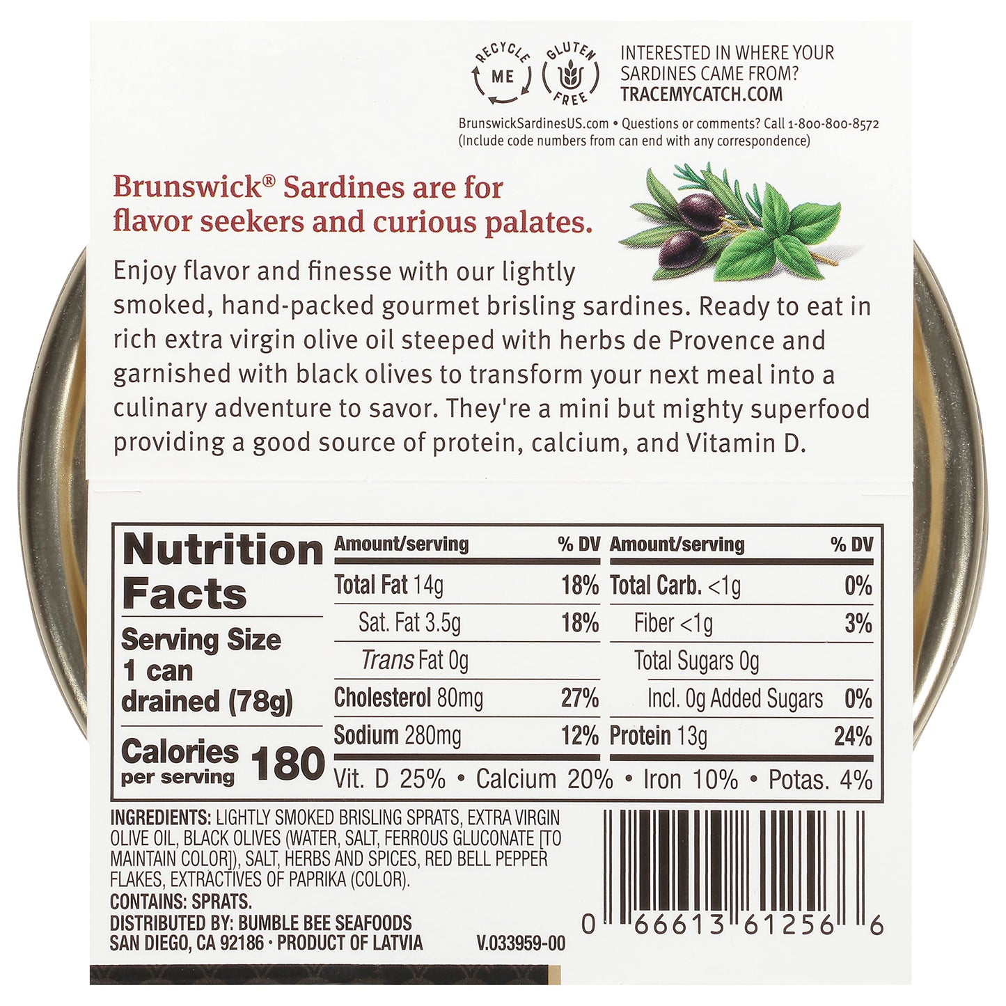 Brunswick Wild Caught Gourmet Brisling Sardines In Extra Virgin Olive Oil,Mediterranean Style,With Black Olives,Herbs And Spices,4.23 Oz Can (Pack Of 12)-Wild Caught Sardines-13G Protein Per Serving