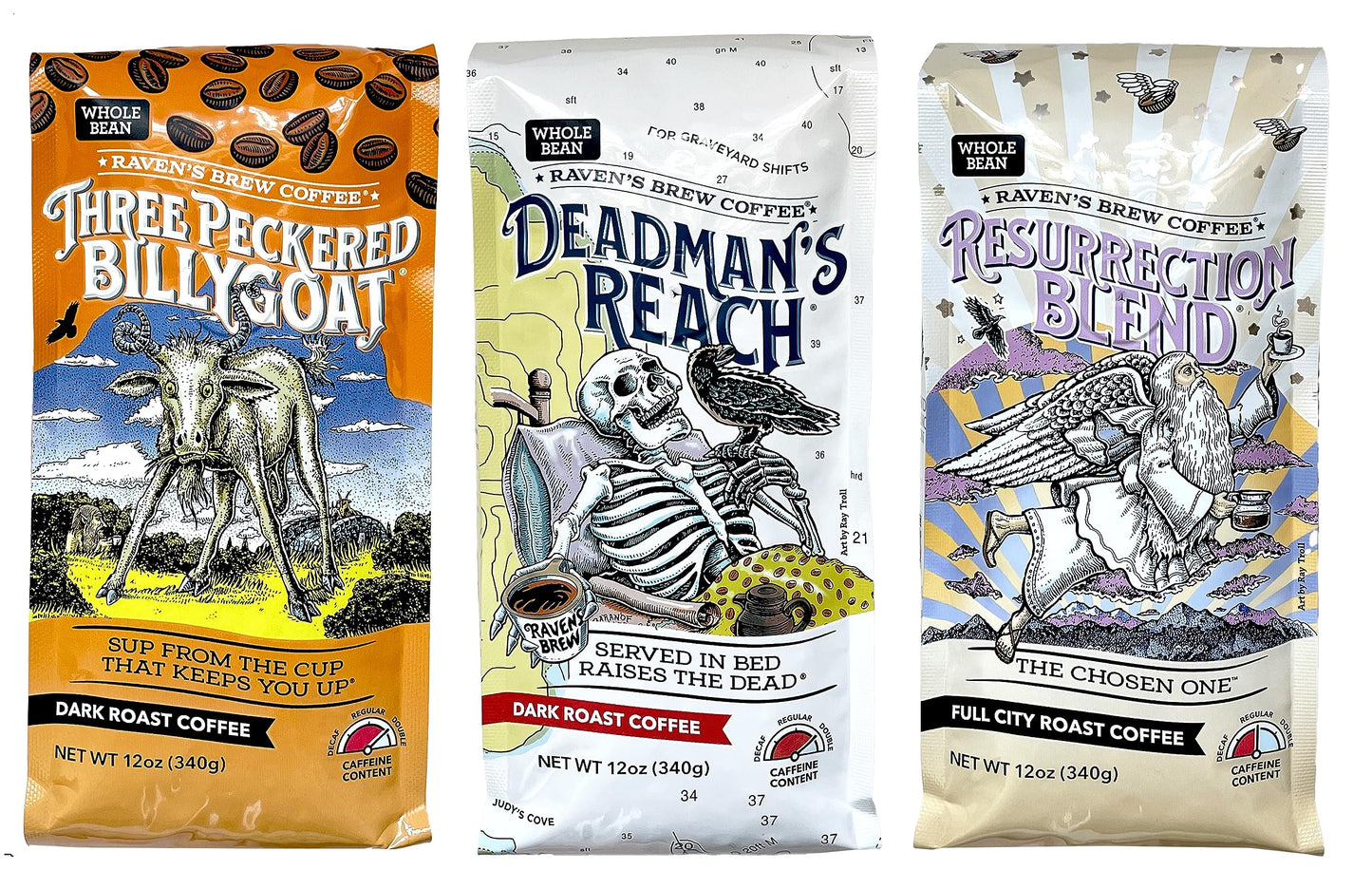 Ravens Brew Whole Bean Coffee Variety Pack - 3 Delicious Flavors - Three Peckered Billy Goat  Deadmans Reach and Resurrection Blend - 12oz each