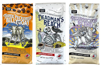 Ravens Brew Whole Bean Coffee Variety Pack - 3 Delicious Flavors - Three Peckered Billy Goat  Deadmans Reach and Resurrection Blend - 12oz each