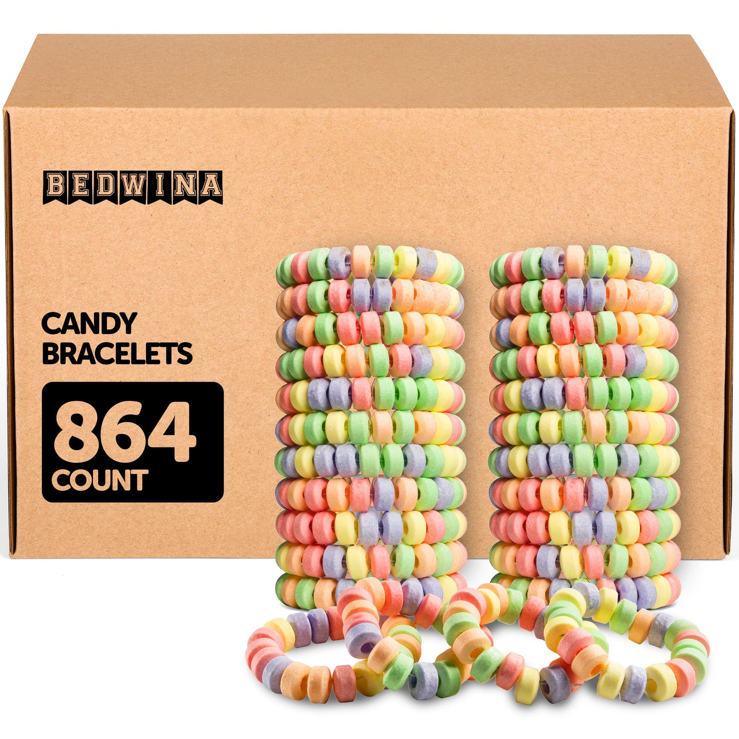 Candy Bracelets - Bulk Case 864 Pcs, Individually Wrapped - 2.5 Inch Candy Jewelry Bracelets, Stretchable, Edible, Colorful Frui