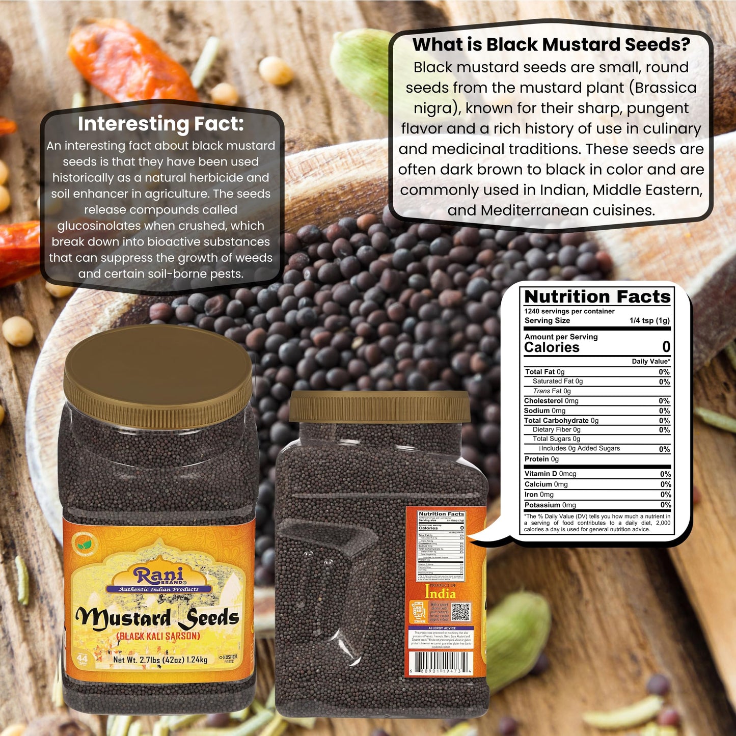Rani Black Mustard Seeds Whole Spice (Kali Rai) 42Oz (2.7Lbs) 1.22Kg Bulk Pet Jar ~ All Natural | Gluten Friendly | Non-Gmo | Ko