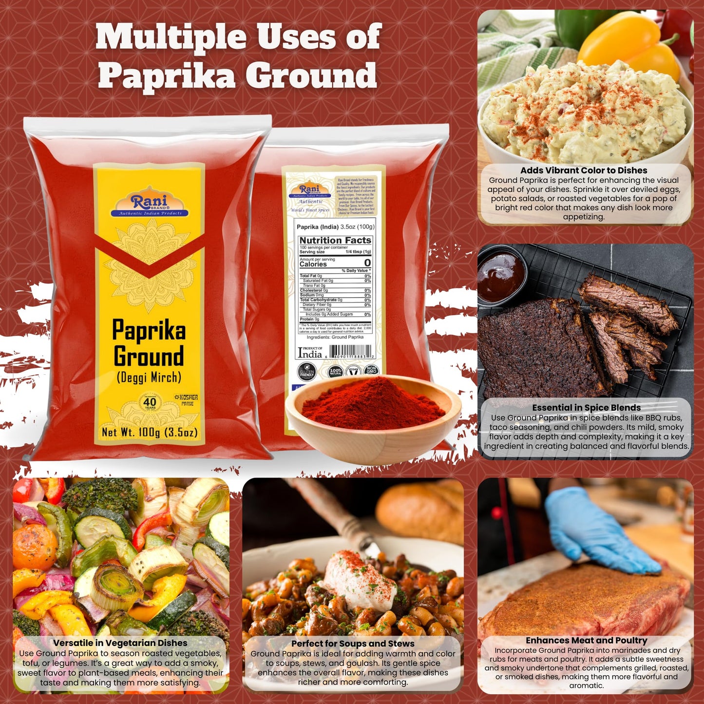Rani Paprika (Deggi Mirch, Low Heat, Low Heat) Spice Powder, Ground 3.5Oz (100G) ~ All Natural, Salt-Free | Vegan | No Colors |