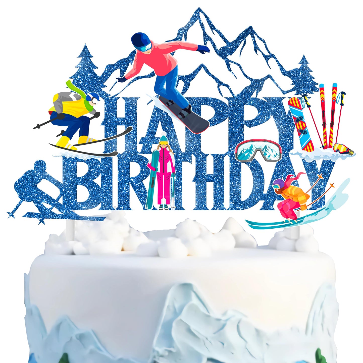 Skiing Birthday Cake Topper Skiing Happy Birthday Decoration Snowboarding Cake Decoration Sport Skier Party Cake Pick For Snowboard Baby Shower Supplies