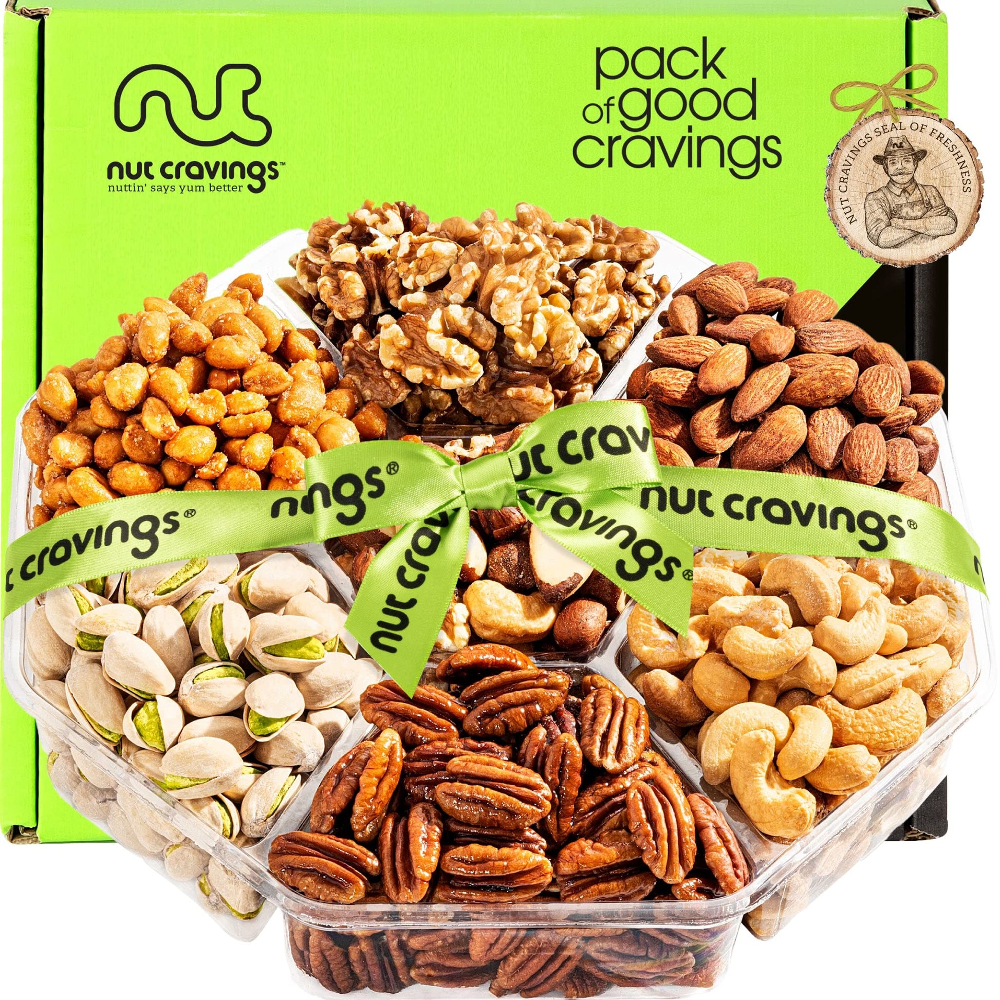 Nut Cravings Gourmet Collection - Rosh Hashana & Shana Tova Mixed Nuts Gift Basket + Green Ribbon (7 Assortments, 1 Lb) Arrangem
