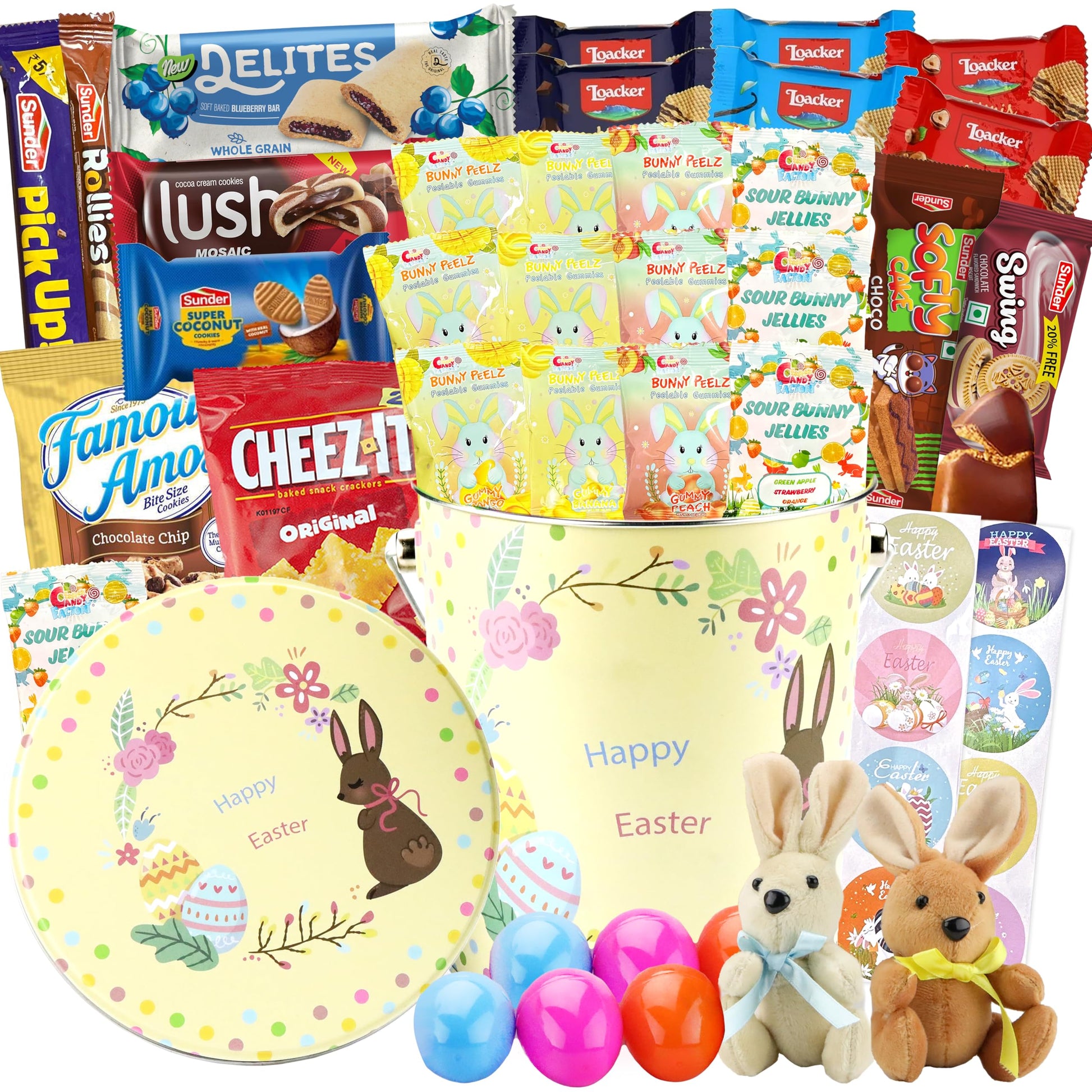 Easter Snack Yellow Tin (46 Count) Filled with Candy, Peelable Gummies, Bunny and More, Great Package for Family, Friends, Boys 