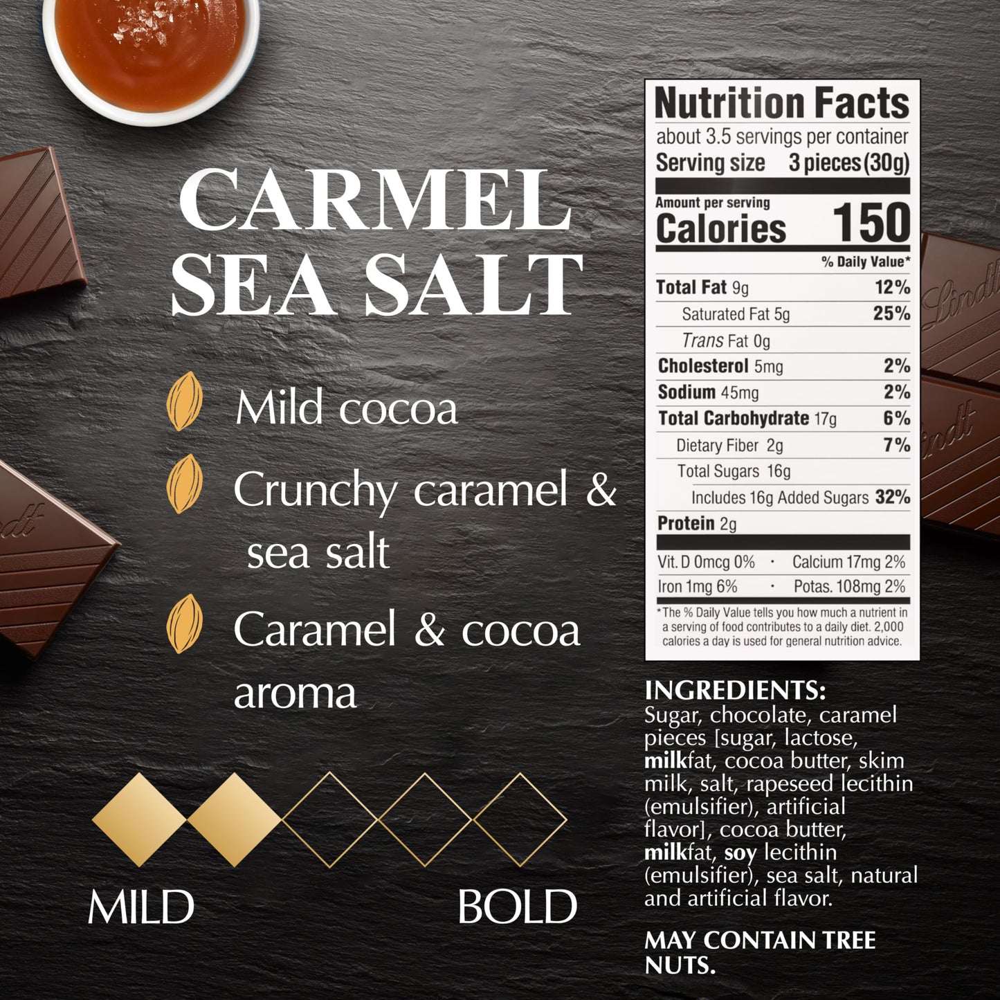 Lindt EXCELLENCE Caramel Sea Salt Dark Chocolate Bar, Dark Chocolate Candy with Pieces of Caramel and Sea Salt Crystals, 3.5 oz.