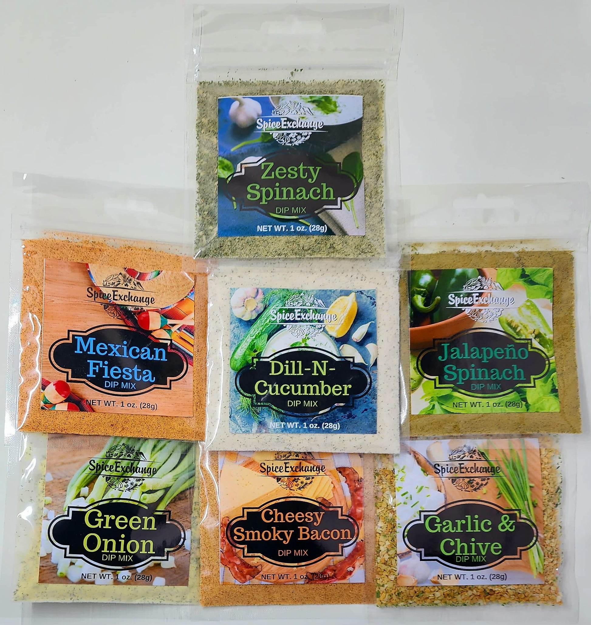 Spice Exchange Dip Mix 7 Flavor Variety Pack - Green Onion - Cheesy Smoky Bacon - Jalapeno Spinach - Garlic & Chive - Zesty Spin
