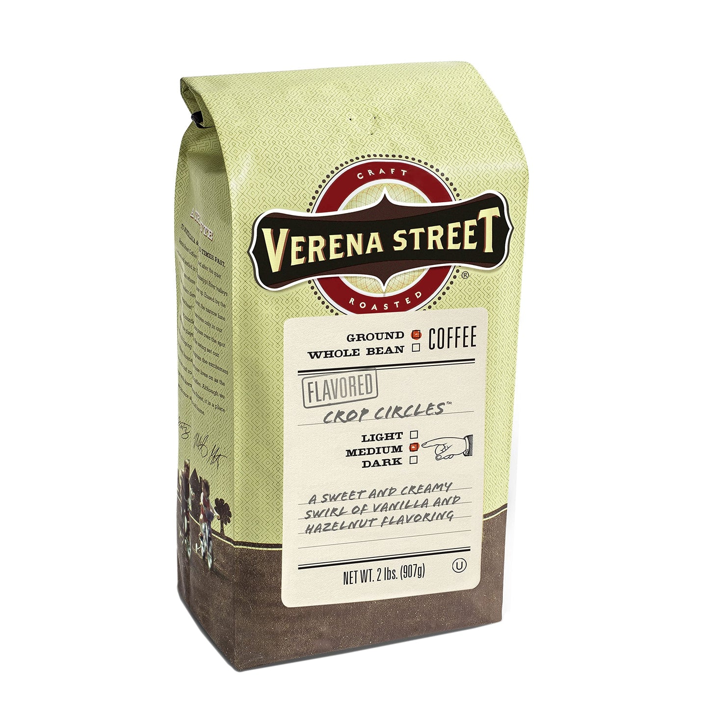 Verena Street Flavored Ground Coffee, Crop Circles Vanilla Hazelnut, Medium Roast, 32 Ounce