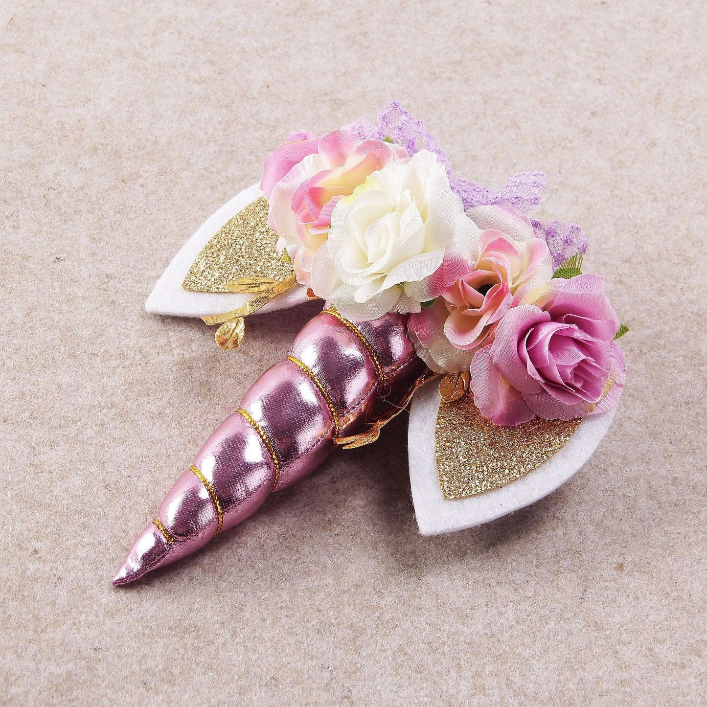 Nishine Rose Floral Unicorn Cake Topper - Birthday Party Decoration, 14cm x 14cm x 3cm, Pink & Ivory