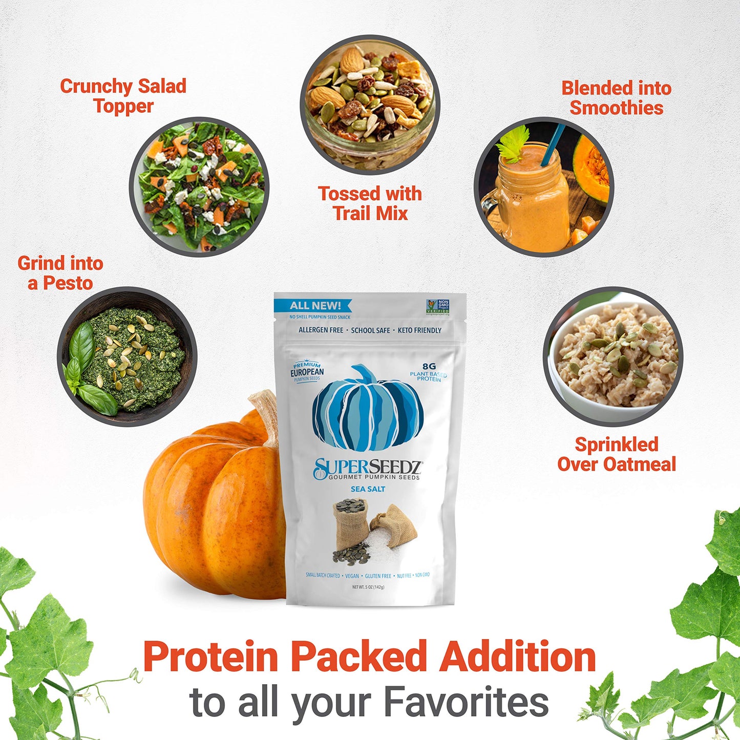 SuperSeedz Dry Roasted Pumpkin Seeds - Sea Salt Pepitas, Whole 30, Paleo, Vegan & Keto Snacks, 8g Plant Based Protein, Produced