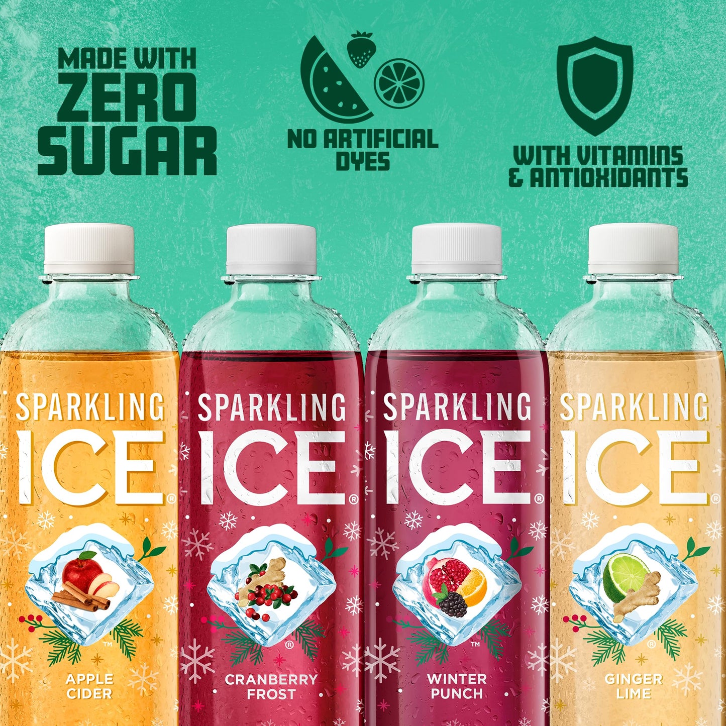 Sparkling Ice  Winter Variety Pack  Flavored Sparkling Water  Zero Sugar  with Vitamins and Antioxidants  17 fl oz  12 count (Cranberry Frost  Winter Punch  Apple Cider and Ginger Lime)
