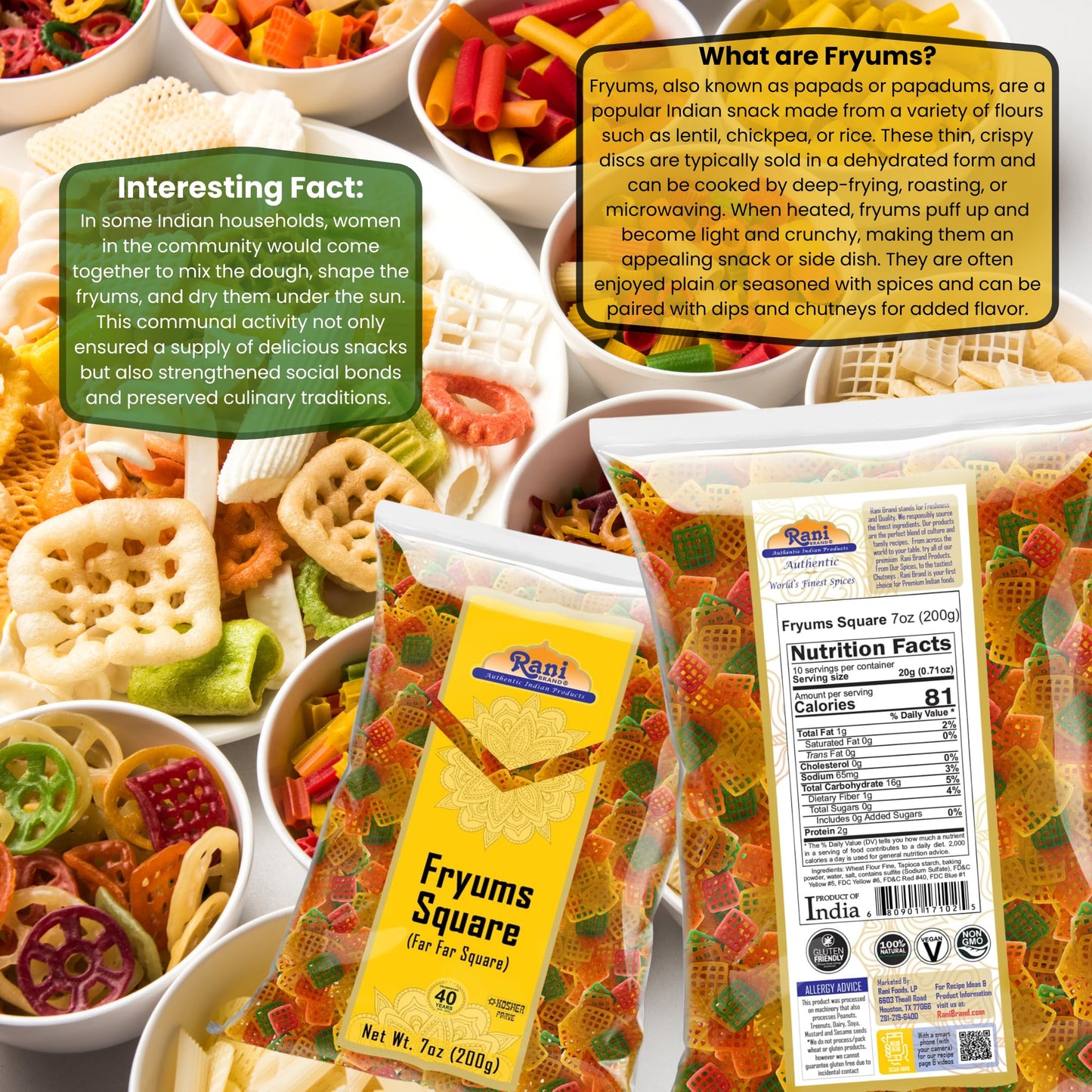Rani Far Far Fryums - Vegan Wheat & Tapioca Snack, Square Shape, 7oz (200g)