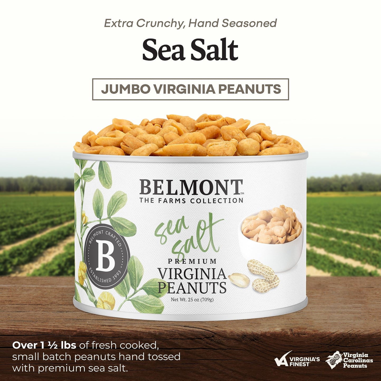 Belmont Peanuts Gourmet Sea-Salted Virginia Peanuts, 25 oz (2 Pack) - Only 3 Simple Ingredients, No Preservatives, 7g Protein -