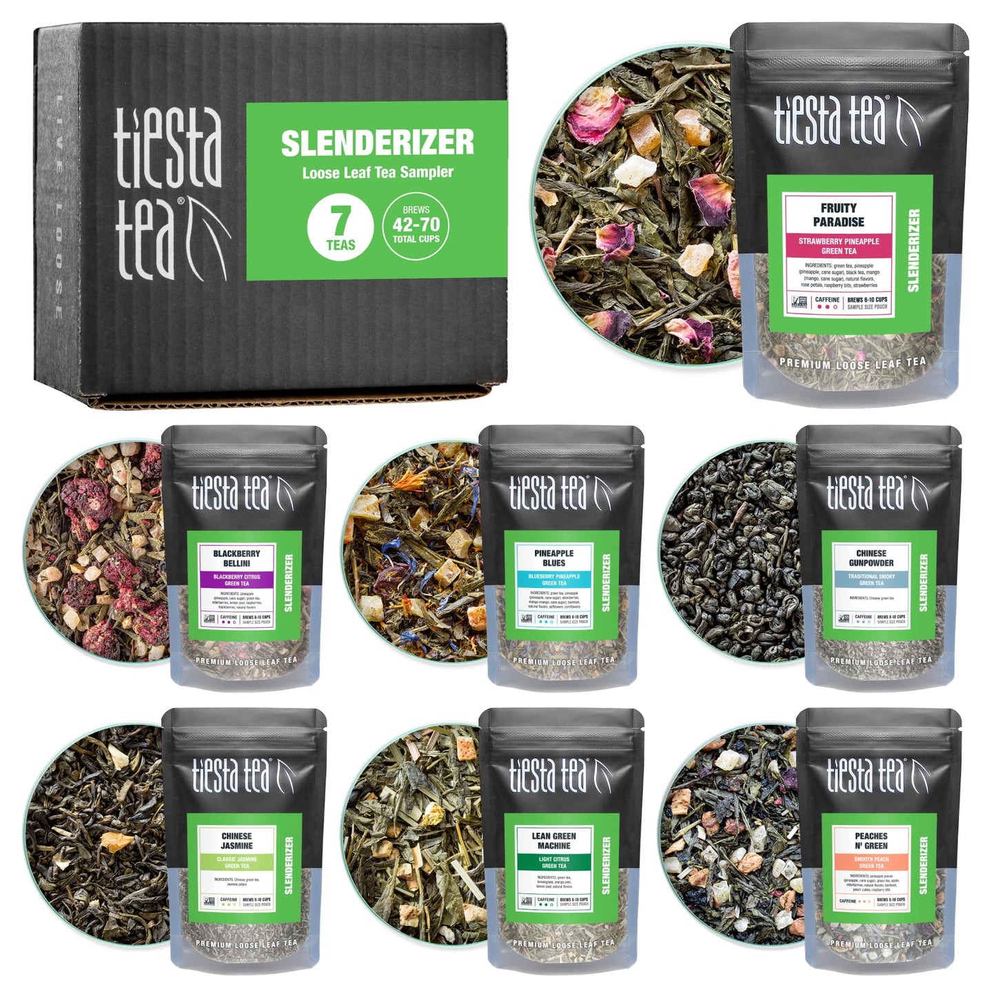 Tiesta Tea Green Tea Sampler - 7 Loose Leaf Pouches, Medium Caffeine, 10 Cups Each, Model 800020