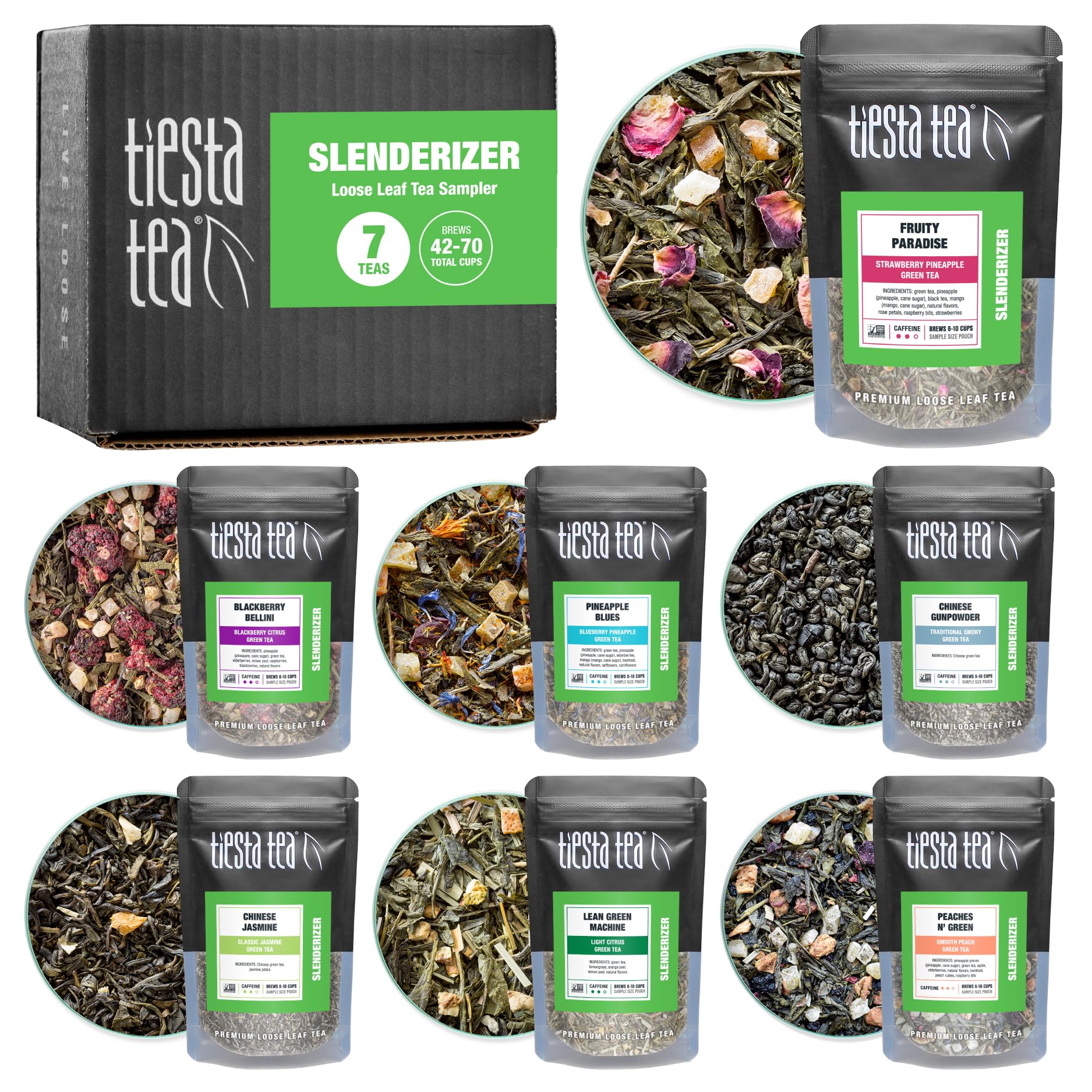 Tiesta Tea Green Tea Sampler - 7 Loose Leaf Pouches, Medium Caffeine, 10 Cups Each, Model 800020