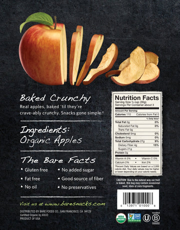 Bare Baked Crunchy Organic Apple Chips, Fuji & Reds, Gluten Free, 3 Ounce Bag, 6 Count