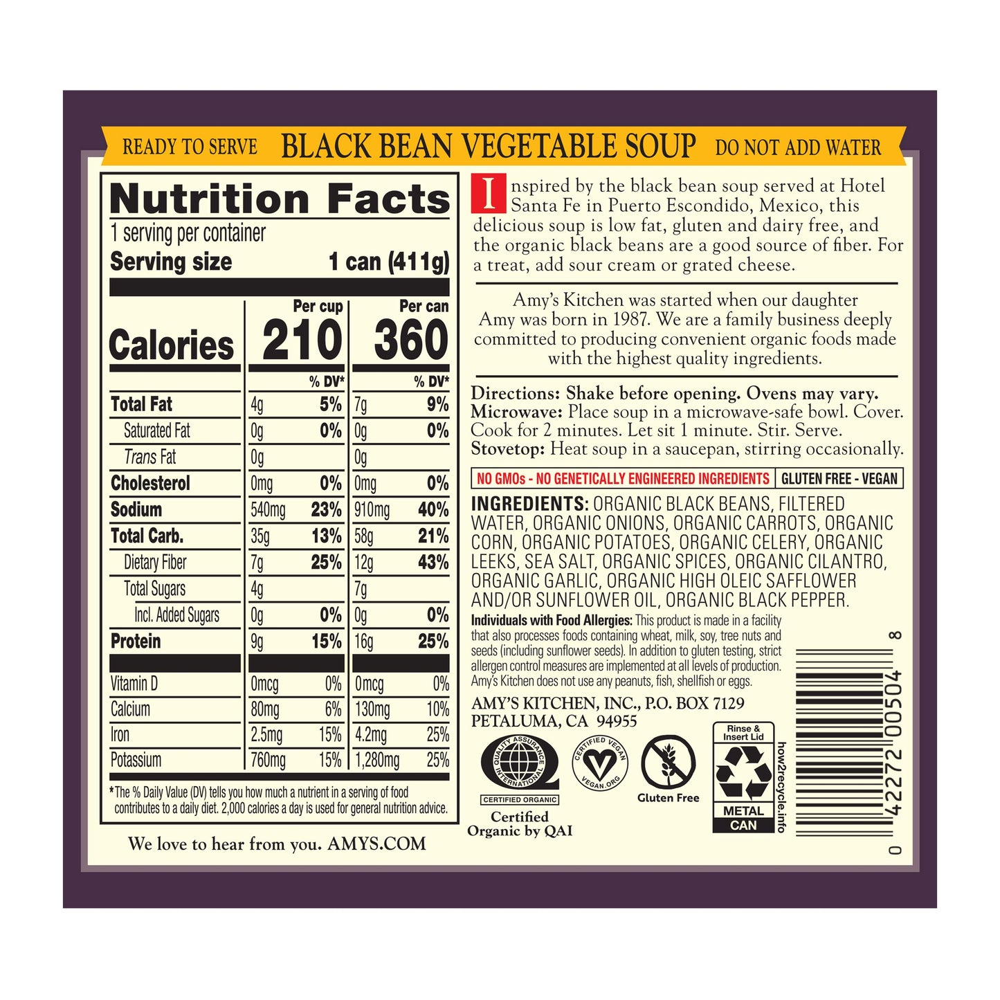 Amy’S Soup, Vegan Black Bean Vegetable Soup, Low Fat, Gluten Free, Made With Organic Vegetables, Canned Soup, 14.5 Oz (12 Pack)