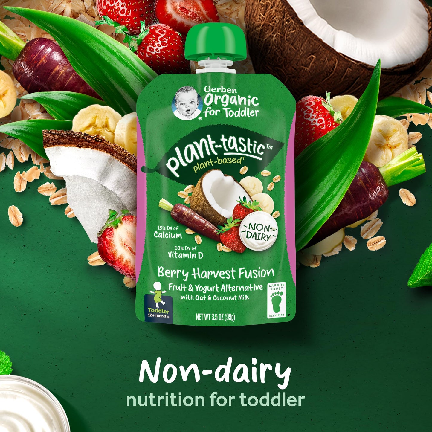 Gerber Organic Baby Food Pouches, Toddler, Plant-Tastic, Berry Harvest Fusion, Fruit & Yogurt Alternative With Oat & Coconut Mil