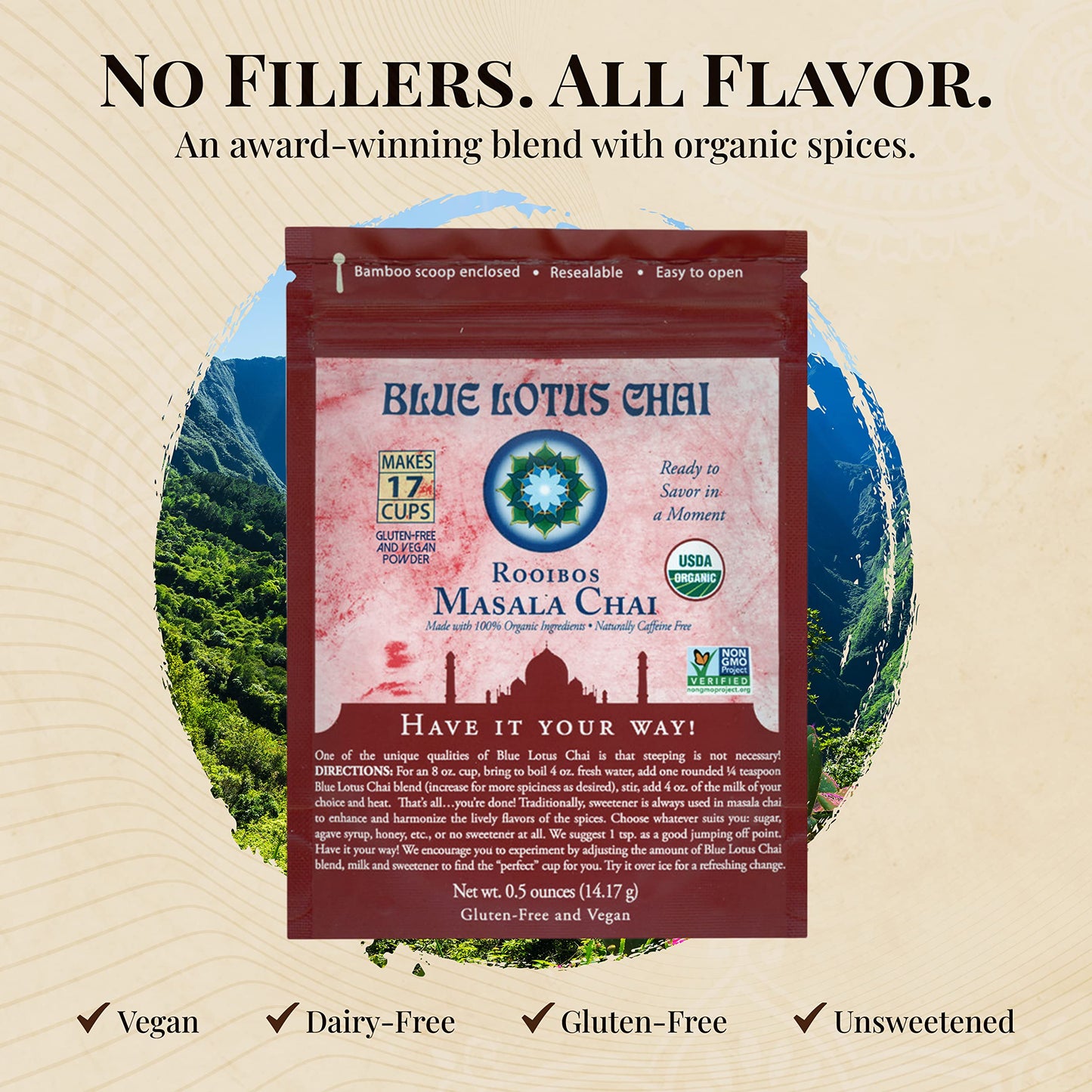 Blue Lotus Chai - Rooibos Masala Chai - Makes 17 Cups - 0.5 Oz Pouch Masala Spiced Chai Powder With Organic Spices - Instant Ind
