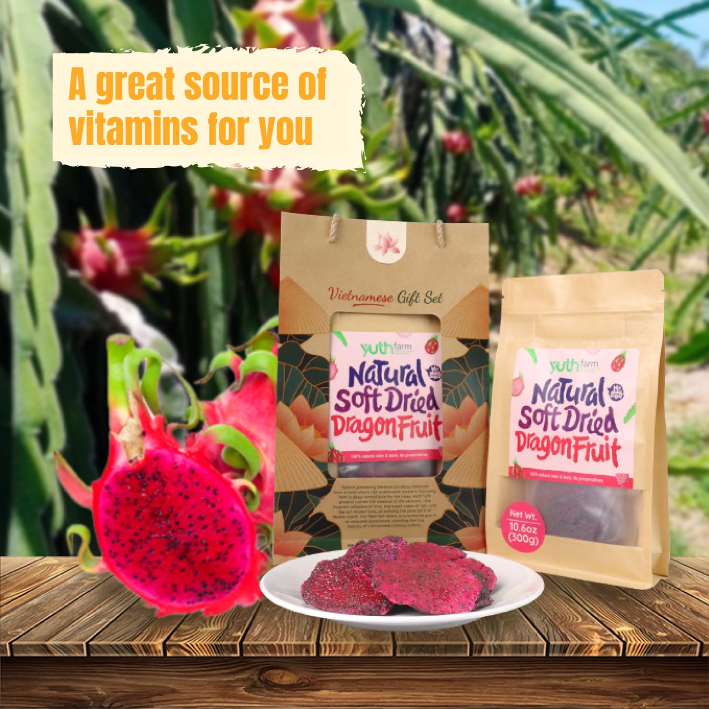 Yuth Farm Plant-Based Soft & Chewy Dried Fruit - Deliciously Healthy Snack 300g(10.6 Oz) (Dragon fruit)