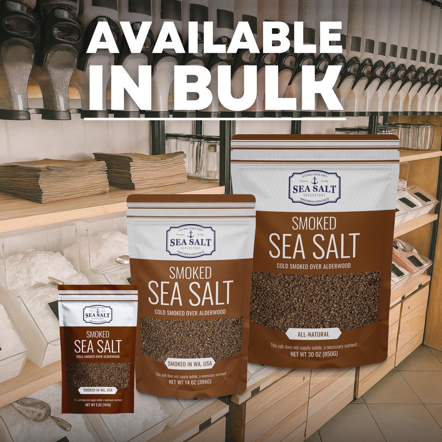 Sea Salt Superstore Fine Grain Cold Smoked Sea Salt, Unrefined Kosher Salt for Grilling & Cooking, 14 oz Bag