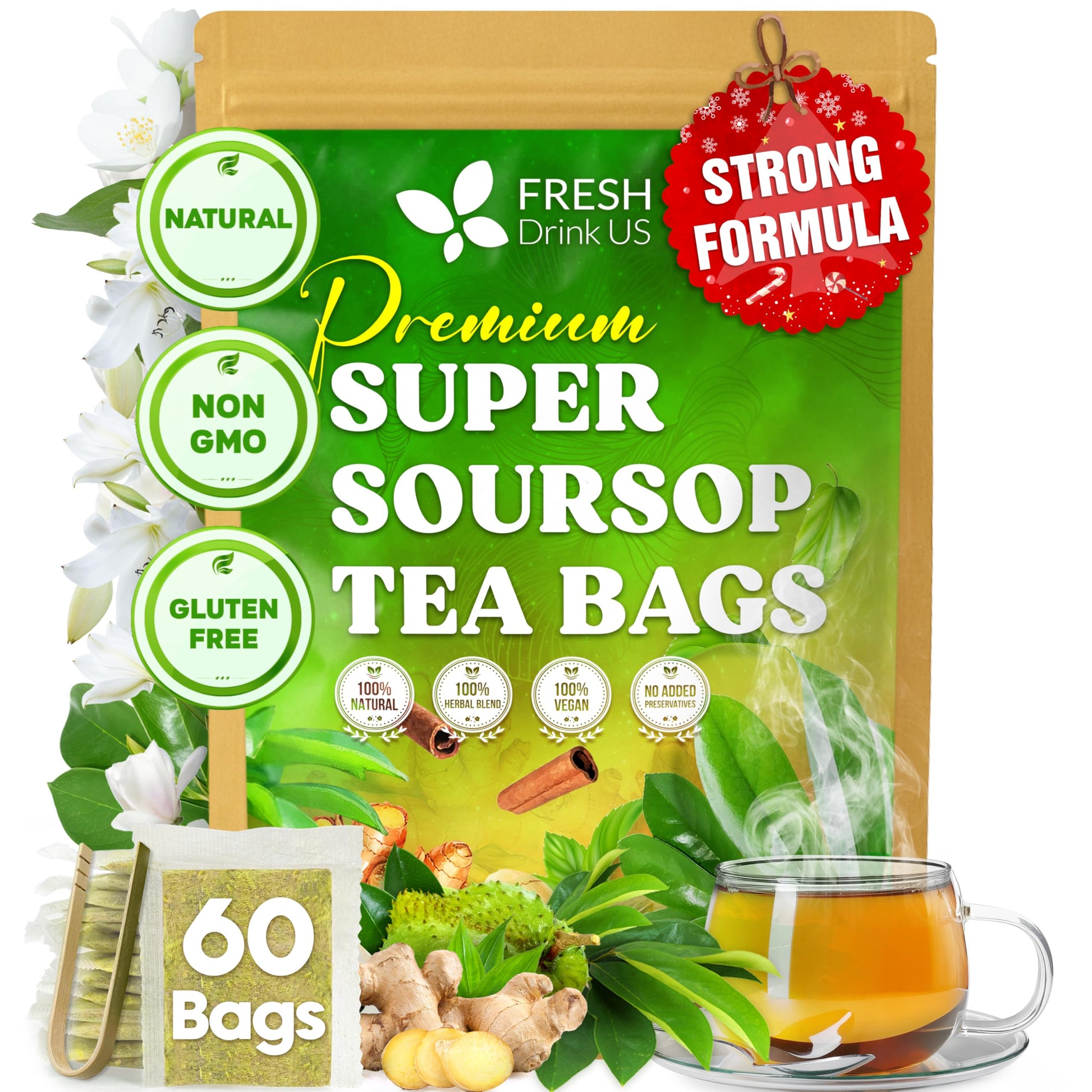Freshdrinkus  Super Soursop Herbal Tea - 60 Tea Bags | Soursop  Flavor Blendger  Turmeric  Lemongrass  Cinnamon  Black Pepper & Peppermint | Energy Blend-Free  Natural Flavor  Plant-Based Blend | Sugar-Free