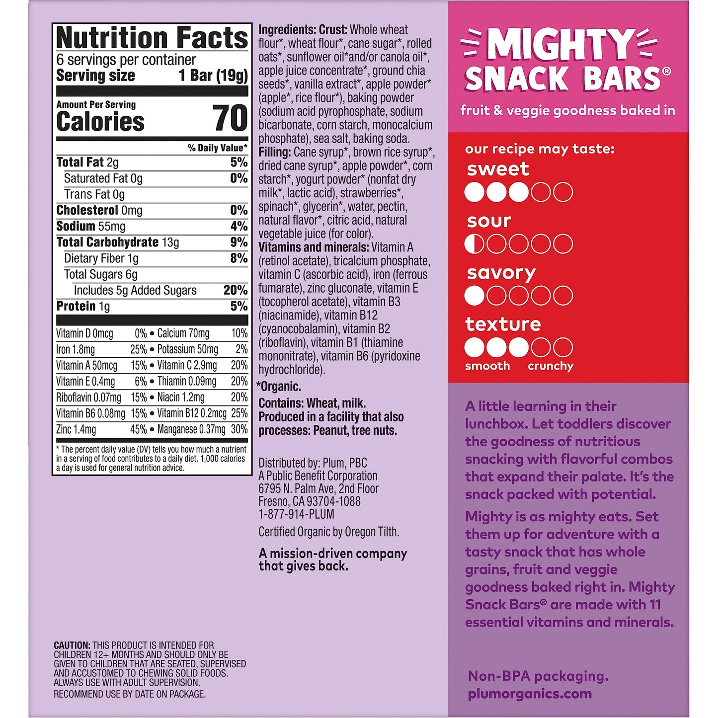 Plum Organics Mighty Snack Bars - Strawberry - 0.67 Oz Bars (Pack Of 6) - Organic Fruit And Vegetable Toddler Food Snack Bars