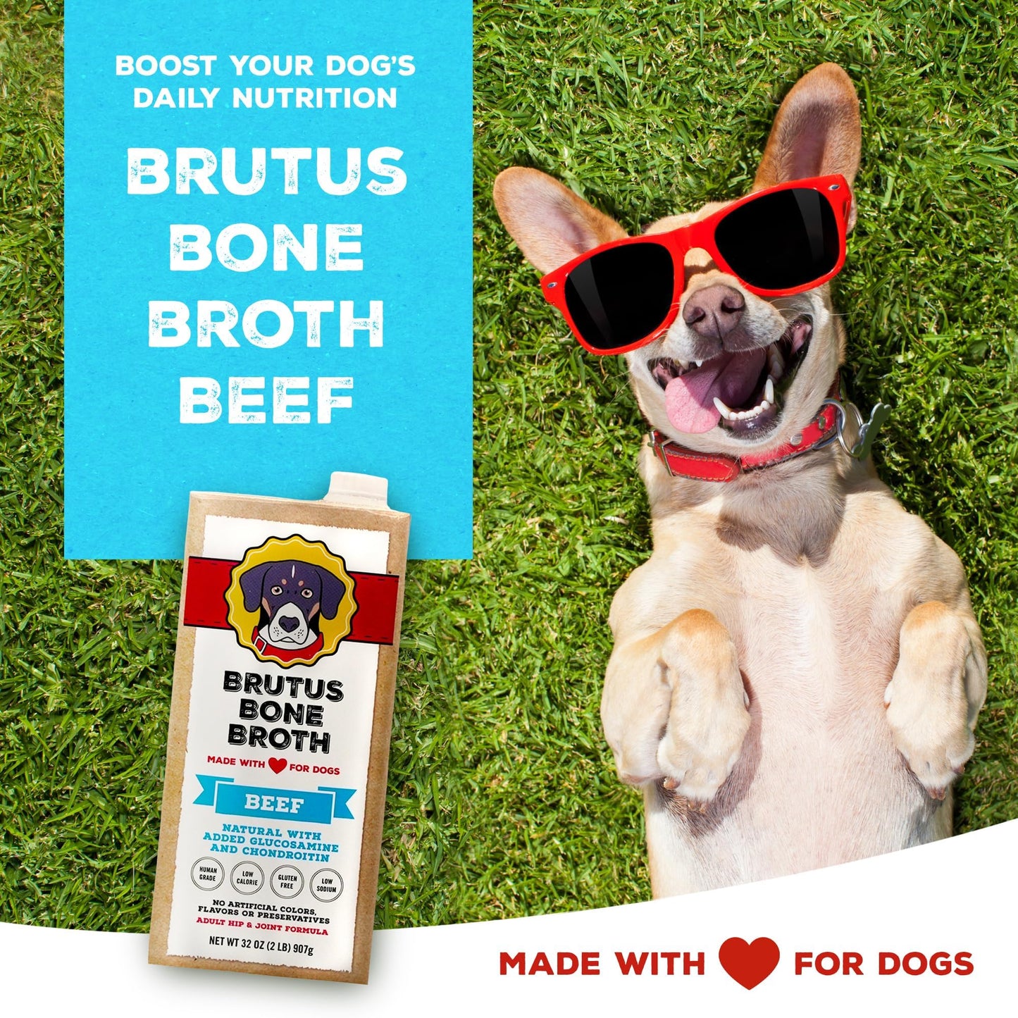 Brutus Bone Broth - All Natural Dog Bone Broth with Chondroitin & Turmeric - 64 Fl Oz