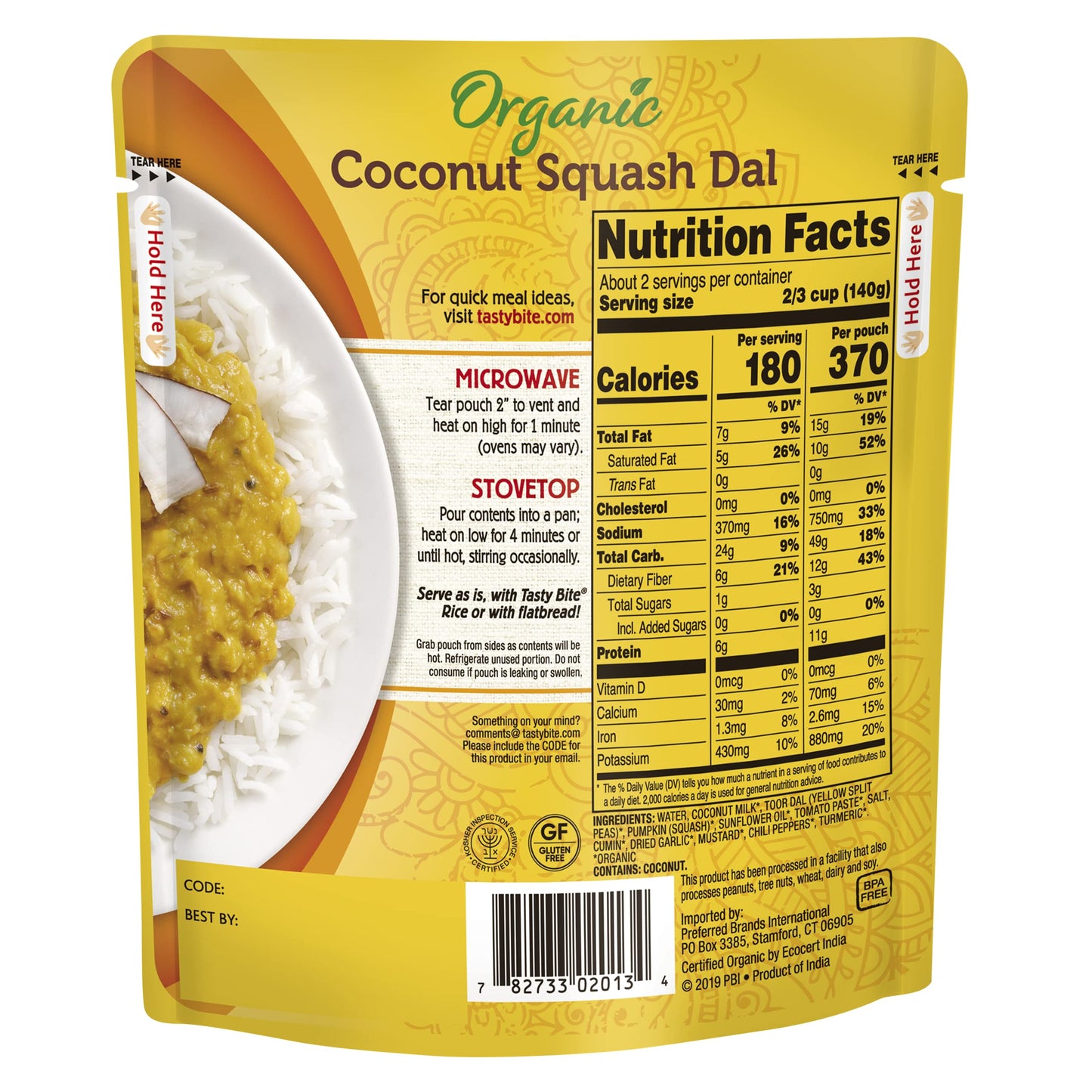 Tasty Bite Organic Coconut Squash Dal, 10 Ounce, Ready to Eat, Microwavable Entree, Vegan