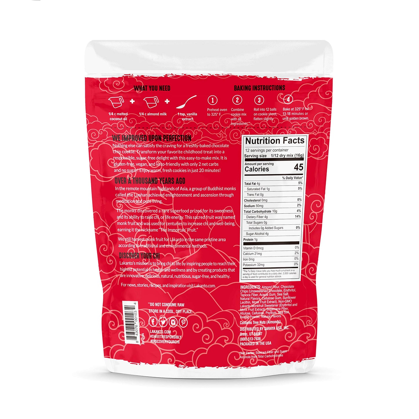 Lakanto Sugar Free Chocolate Chip Cookie Mix - Sweetened with Monk Fruit Sweetener, Gluten Free, Keto Diet Friendly, Vegan, 2g N