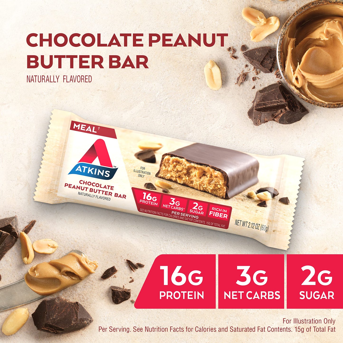 Atkins Chocolate Peanut Butter Protein Meal Bar, High Fiber, 16g Protein, 2g Sugar, 3g Net Carb, Meal Replacement, Low Carb, Ket