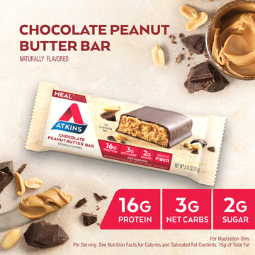 Atkins Chocolate Peanut Butter Protein Meal Bar, High Fiber, 16g Protein, 2g Sugar, 3g Net Carb, Meal Replacement, Low Carb, Ket