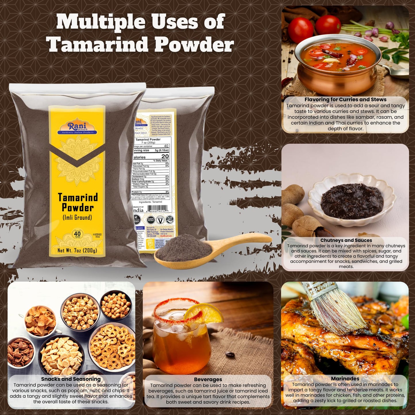 Rani Tamarind Powder (Imli) 7oz (200g) ~ All Natural| No Added Sugar/Salt | Vegan | Gluten Friendly | Kosher | NON-GMO | Indian