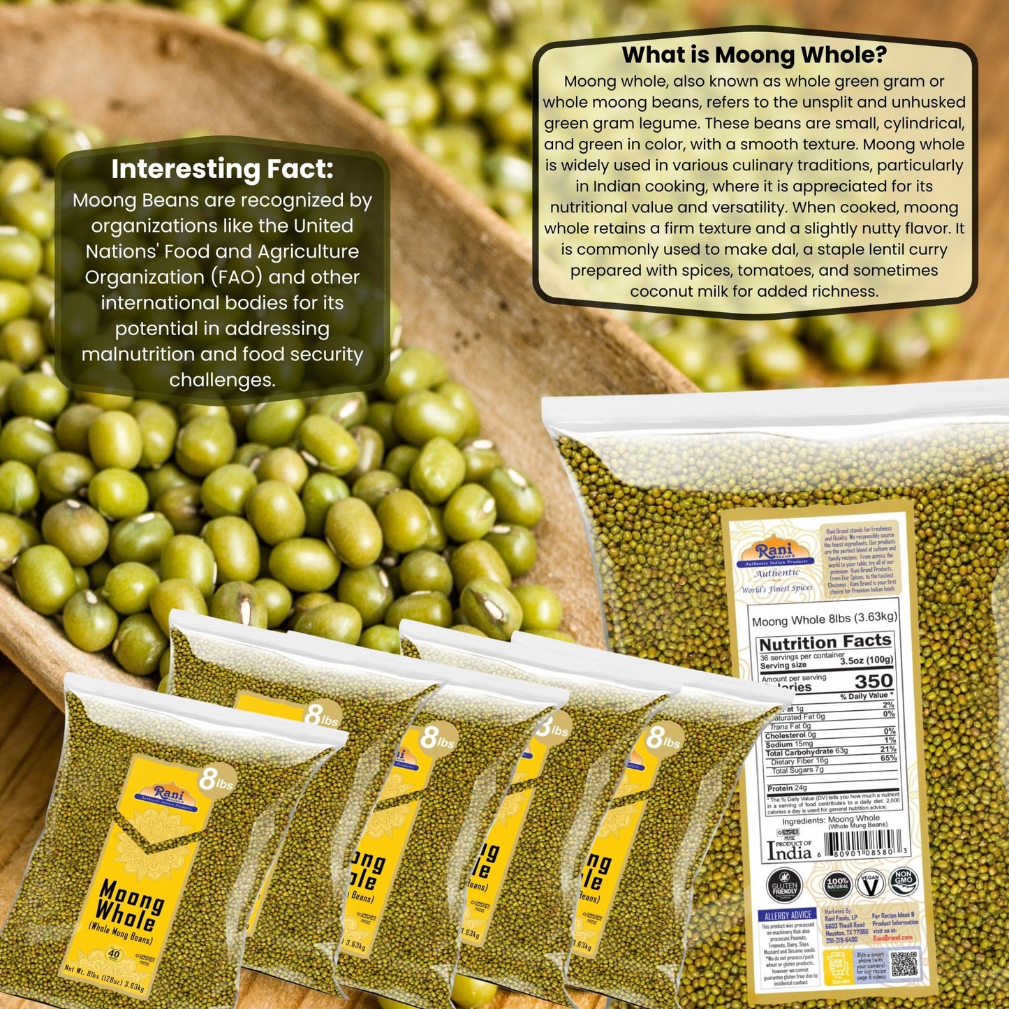 Rani Moong Whole (Ideal For Cooking & Sprouting, Whole Mung Beans W/ Skin) Lentils Indian 128Oz (8Lbs) X Pack Of 5 (Total 40Lbs) Bulk ~ All Natural | Gluten Friendly | Non-Gmo | Vegan | Indian Origin