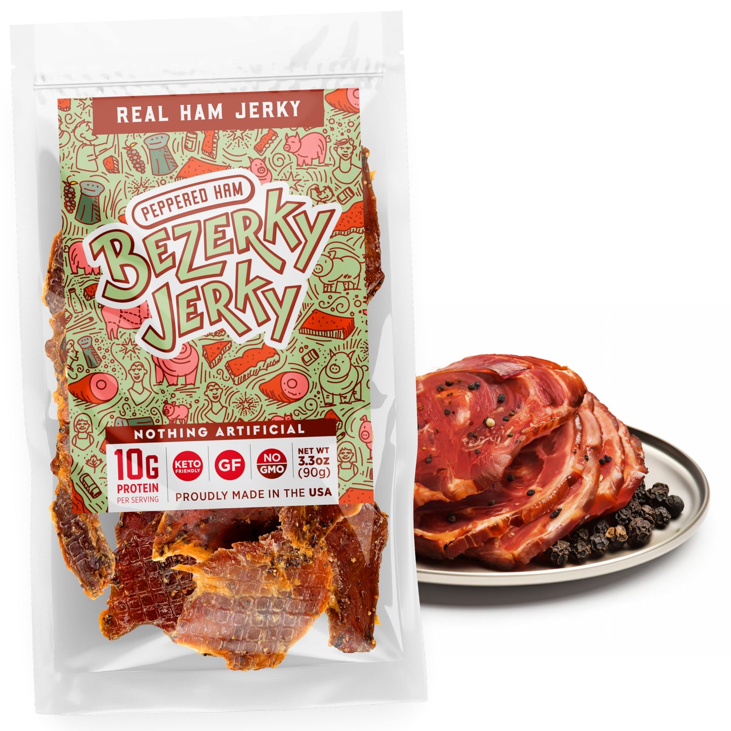 All Natural Real Ham Jerky | Peppered Ham | Small Batch Handcrafted | Old Fashioned | Low Fat High Protein | Gluten-Free | Non-G