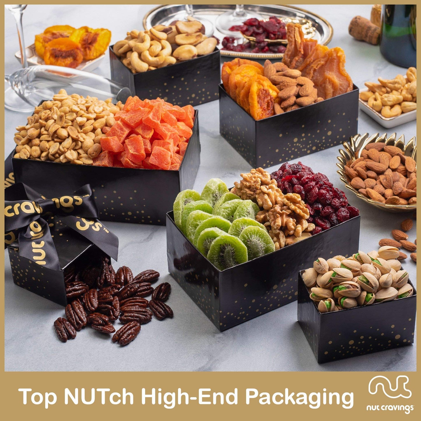 Nut Cravings Gourmet Collection - Easter Dried Fruit & Mixed Nuts Gift Basket Black Tower + Ribbon (12 Assortments) Purim Mishlo