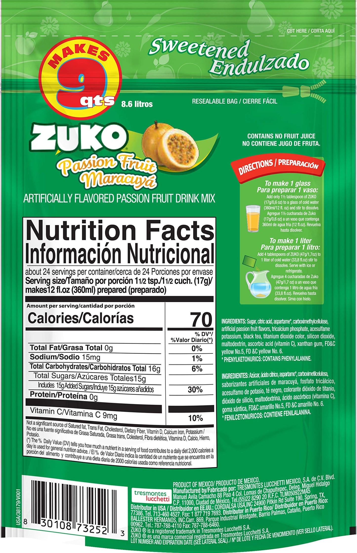 Zuko Passion Fruit Instant Powder Drink | Family Pack | No Sugar Needed | Vitamin C | 14.1 Ounce (Pack of 6)
