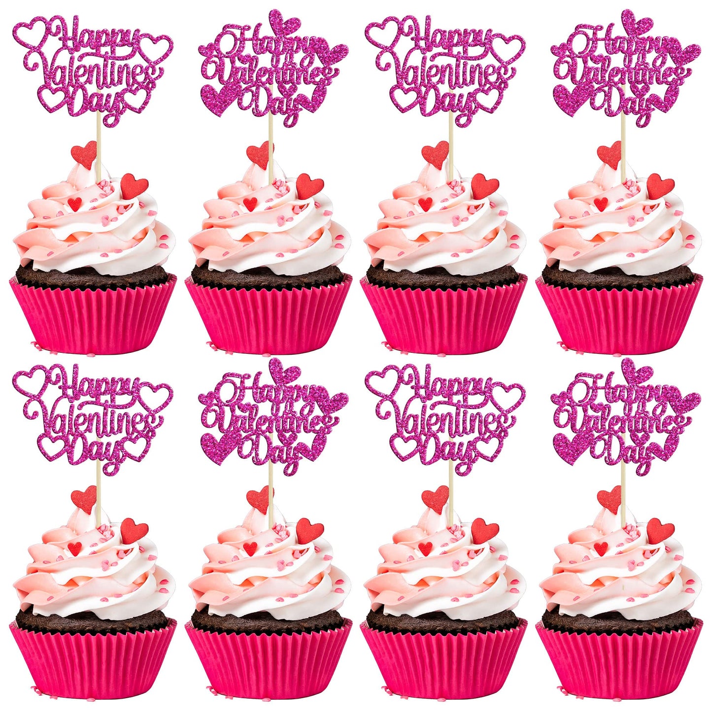 24Pcs Happy Valentine'S Day Cupcake Toppers With Heart Rose Red Glitter Sweet Love Theme Cupcake Picks Valentine'S Day Cake Deco