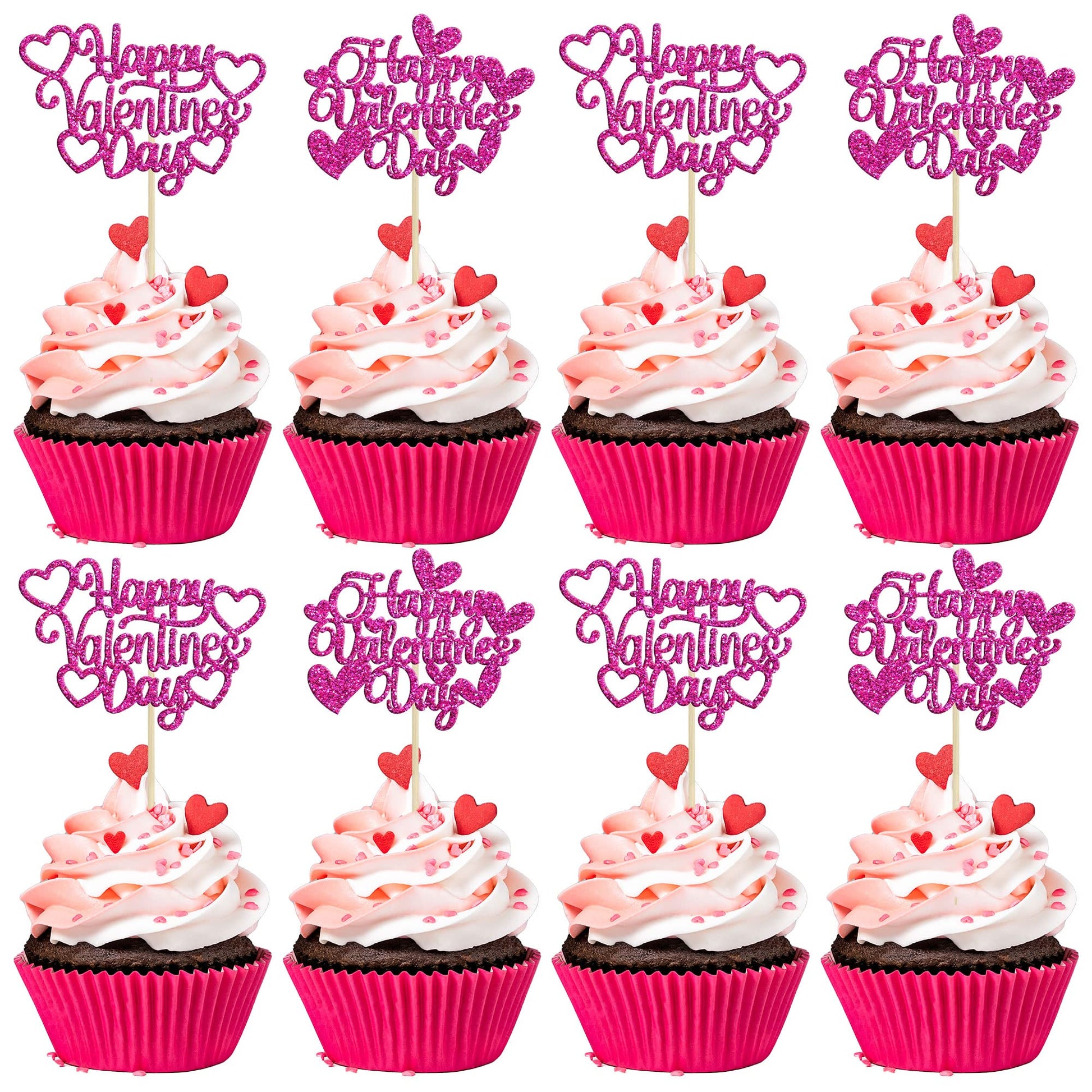 24Pcs Happy Valentine'S Day Cupcake Toppers With Heart Rose Red Glitter Sweet Love Theme Cupcake Picks Valentine'S Day Cake Deco