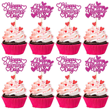24Pcs Happy Valentine'S Day Cupcake Toppers With Heart Rose Red Glitter Sweet Love Theme Cupcake Picks Valentine'S Day Cake Deco