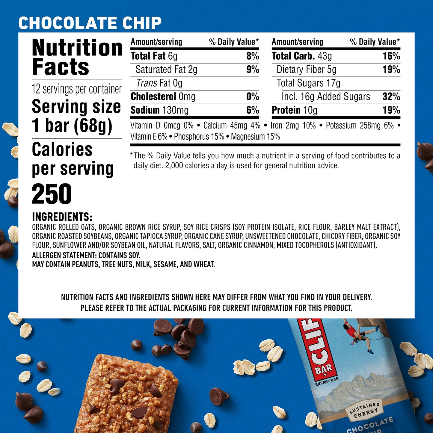 Clif Bars - Energy Bars - Chocolate Chip - Made With Organic Oats - Plant Based Food - Vegetarian - Kosher (2.4 Ounce Protein Bars, 12 Count) Packaging May Vary
