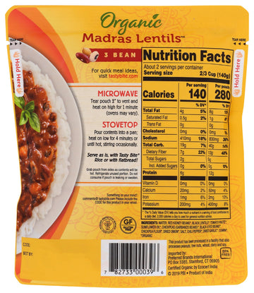 Tastybite Organic Three Bean Madras Lentils, 10 Oz
