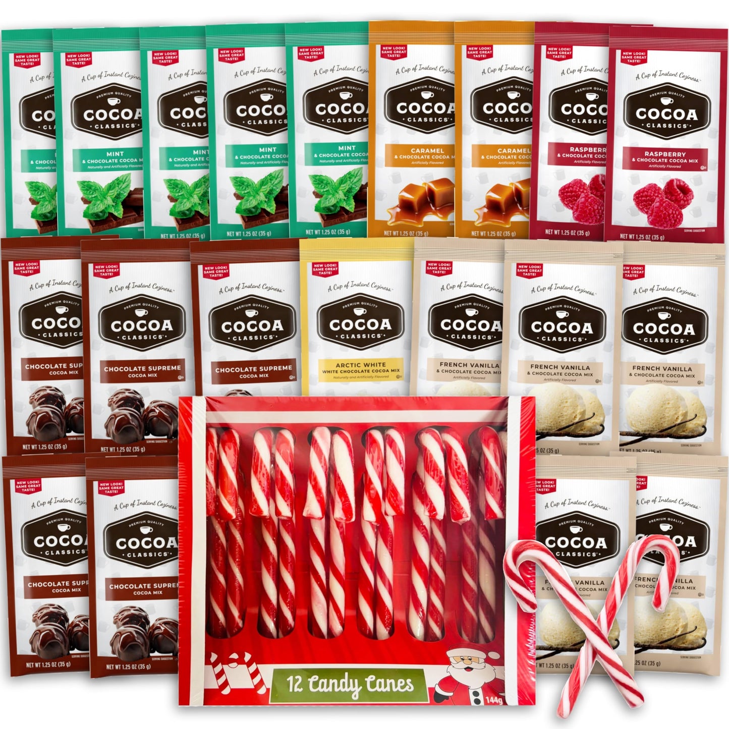 Hot Cocoa & Candy Cane Gift Set - 20 Top-Grade Hot Chocolate Packets (6 Flavors) +12 Classic Candy Cane | 32 Count Holiday Treat Box  Energy-Boosting Gift For Kids & 18+ Uses